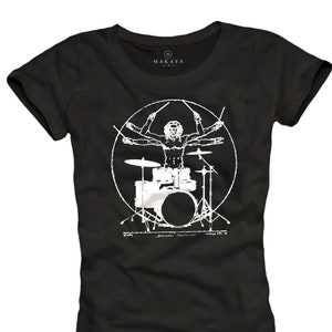 Maglietta musicale da donna, t-shirt da banda tamburi, top da rock star - regali per donne/fidanzate/sorelle - Da Vinci Drummer S/M/L/XL