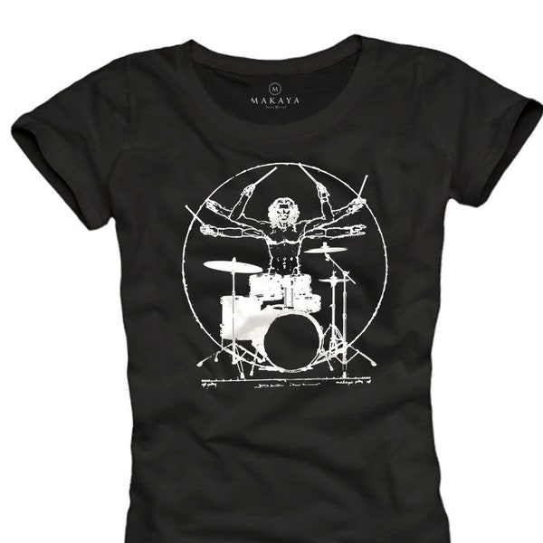 Musik T-Shirt Damen Schlagzeug Bandshirt Rock Star Top - Geschenke für Frauen/Freundin/Schwester - Da Vinci Drummer S/M/L/XL