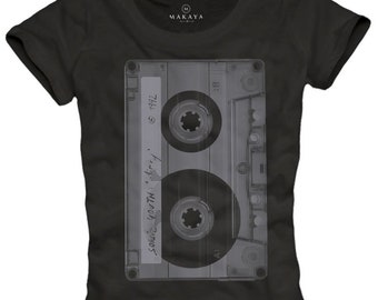 Womens Tape Tee Shirt Vinyl Retro Hippie Top Hip Hop TShirt black oversize Print S/M/L