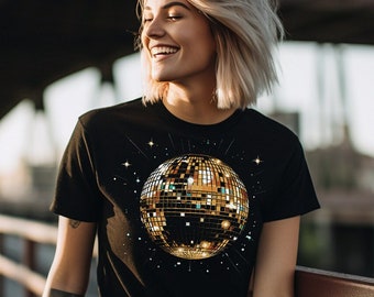 Disco Shirt Women's 70s 80s Top Disco Ball Motif Party Outfit Gifts for Women Girls Black Size S-XL