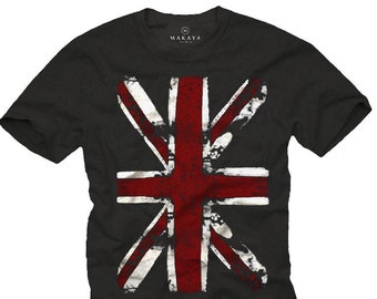 Cool Vintage T-Shirt for Men with red/white England UNION JACK print, Black S-XXXXXL