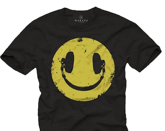 T-shirt drôle pour les hommes vintage musique smiley avec écouteurs Hip Hop Rap House Band noir bras S-XXXXXL