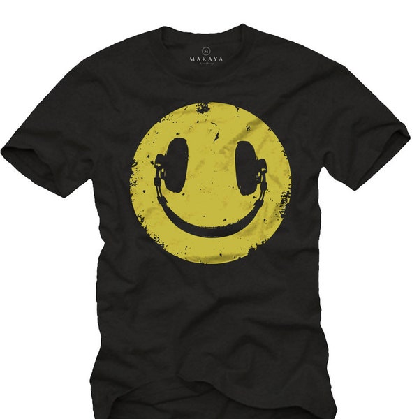 Lustiges T-Shirt für Männer Vintage Musik Smiley mit Kopfhörern Hip Hop Rap House Band schwarz Kurzarm S-XXXXXL
