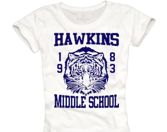 MAKAYA Stranger T-Shirt Femme - Hawkins Middle School Baseball Football Top Blanc Things S M L