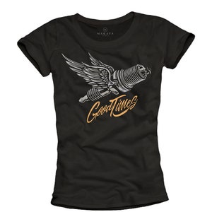 Damesshirt met bikerprint - slogan met bougie "Good Times" - vintage grafisch ontwerp voor vrouwelijke motorrijders, motortop, zwart, maten S-XL