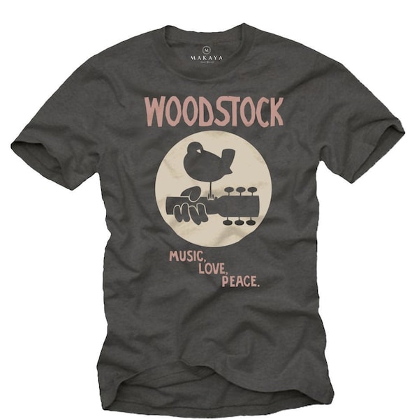 Music Gift for Men - Vitnage Woodstock T-Shirt 60s 70s Tee Shirt Guitar grey Size S-XXXXXL