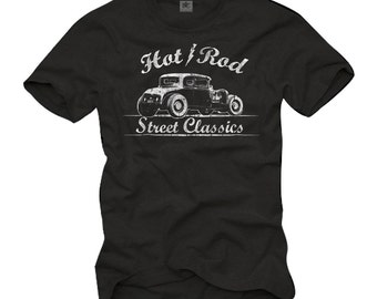 Cool Car Rockabilly T-Shirt for Men with white "HOT ROD Flash Street Classics" print, Black S-XXXXXL