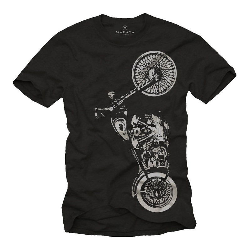 以下が含まれることがあります： 黒いTシャツに、銀色のオートバイのグラフィック。デザインは、車輪、エンジン、ハンドルバーを示しています。「MAKAYA」のブランド名が上部に印刷されています。オートバイの詳細なイラスト。