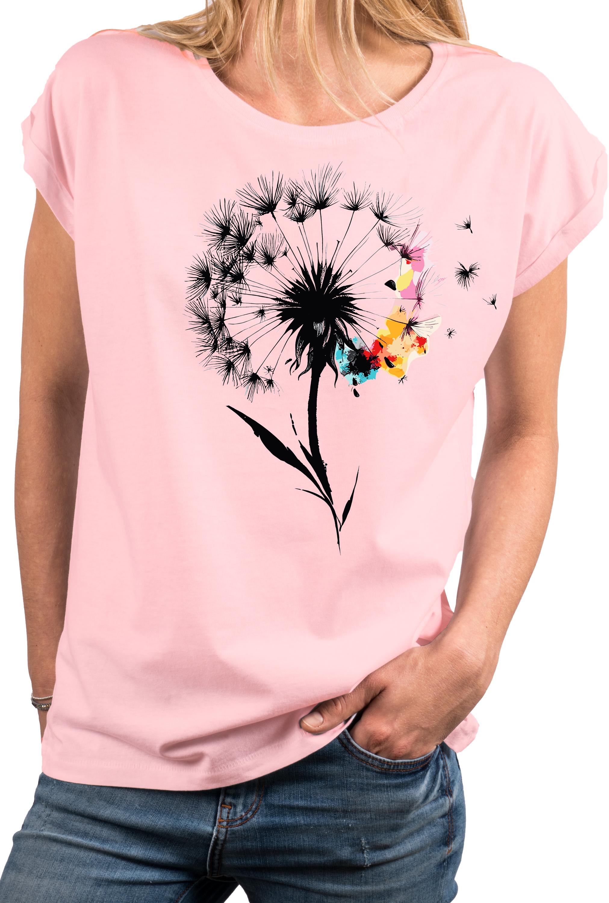 レディース タンポポの花柄Tシャツ - 花柄プリント半袖シャツ