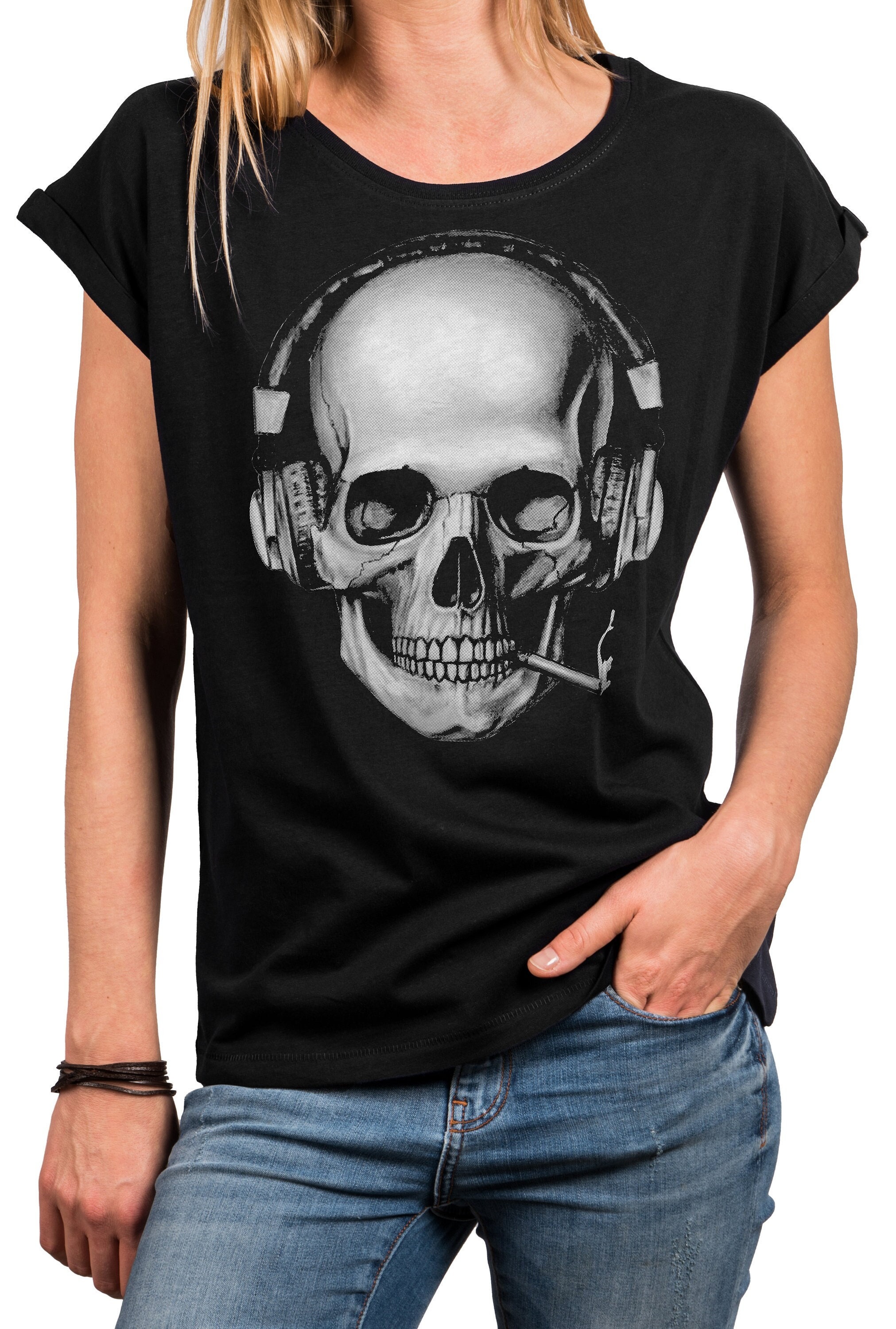 AUSVERKAUF Totenkopf T-Shirt Damen Rundhalsshirt mit Strass Steinen Skull