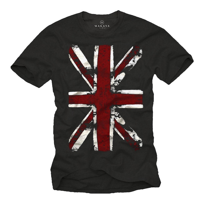 Cool Vintage T-Shirt for Men with red/white England UNION JACK print, Black S-XXXXXL 