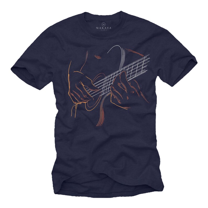 May include: Navy blue t-shirt featuring an orange and white line drawing of a person playing a guitar. The design includes the guitar's body, strings, and the musician's hands. The brand name "MAKAYA" is printed at the top.