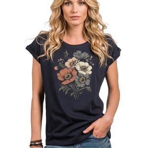Vintage Floral Shirt for Women – Boho Retro Cotton T-Shirt with Flower Print – Short Sleeve Summer Top in Black, Blue or Grey, XS– 5XL image 6