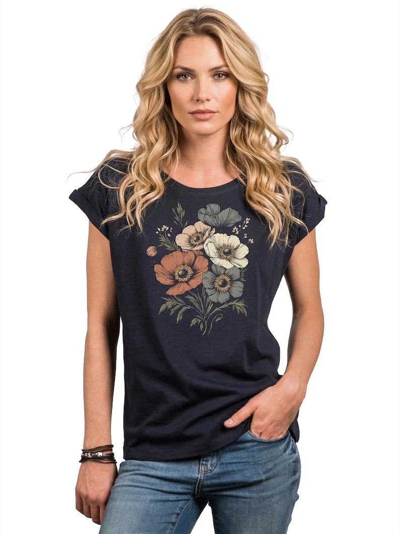 Vintage Floral Shirt for Women – Boho Retro Cotton T-Shirt with Flower Print – Short Sleeve Summer Top in Black, Blue or Grey, XS– 5XL image 6