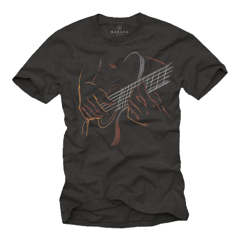 May include: Dark gray t-shirt featuring an orange and white line drawing of hands playing a guitar. The guitar strings and body are visible, with the hands positioned over the fretboard. The shirt has the brand name "MAKAYA" printed at the top.