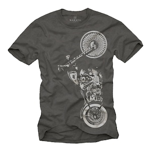 以下が含まれることがあります： 詳細な白いバイクのグラフィックが特徴の濃い灰色のTシャツ。デザインには、バイクのホイール、エンジン、フレームが含まれています。「MAKAYA」というブランド名がシャツの上部に印刷されています。