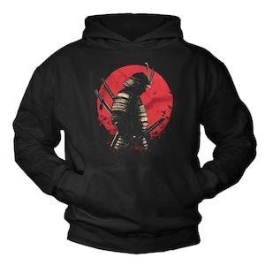 May include: Black hoodie with a graphic of a samurai warrior standing in front of a red sun. The samurai is holding two swords and is wearing a helmet.