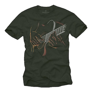May include: Dark green t-shirt featuring a line art illustration of hands playing a guitar. The guitar and hands are outlined in orange and white, with the shirt displaying the Makaya logo at the top.