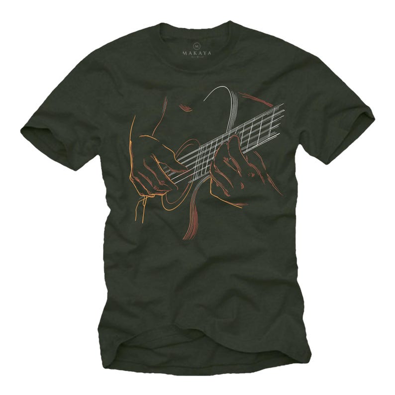 May include: Dark green t-shirt featuring a line art illustration of hands playing a guitar. The guitar and hands are outlined in orange and white, with the shirt displaying the Makaya logo at the top.