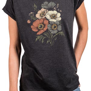 Vintage Floral Shirt for Women – Boho Retro Cotton T-Shirt with Flower Print – Short Sleeve Summer Top in Black, Blue or Grey, XS– 5XL image 9