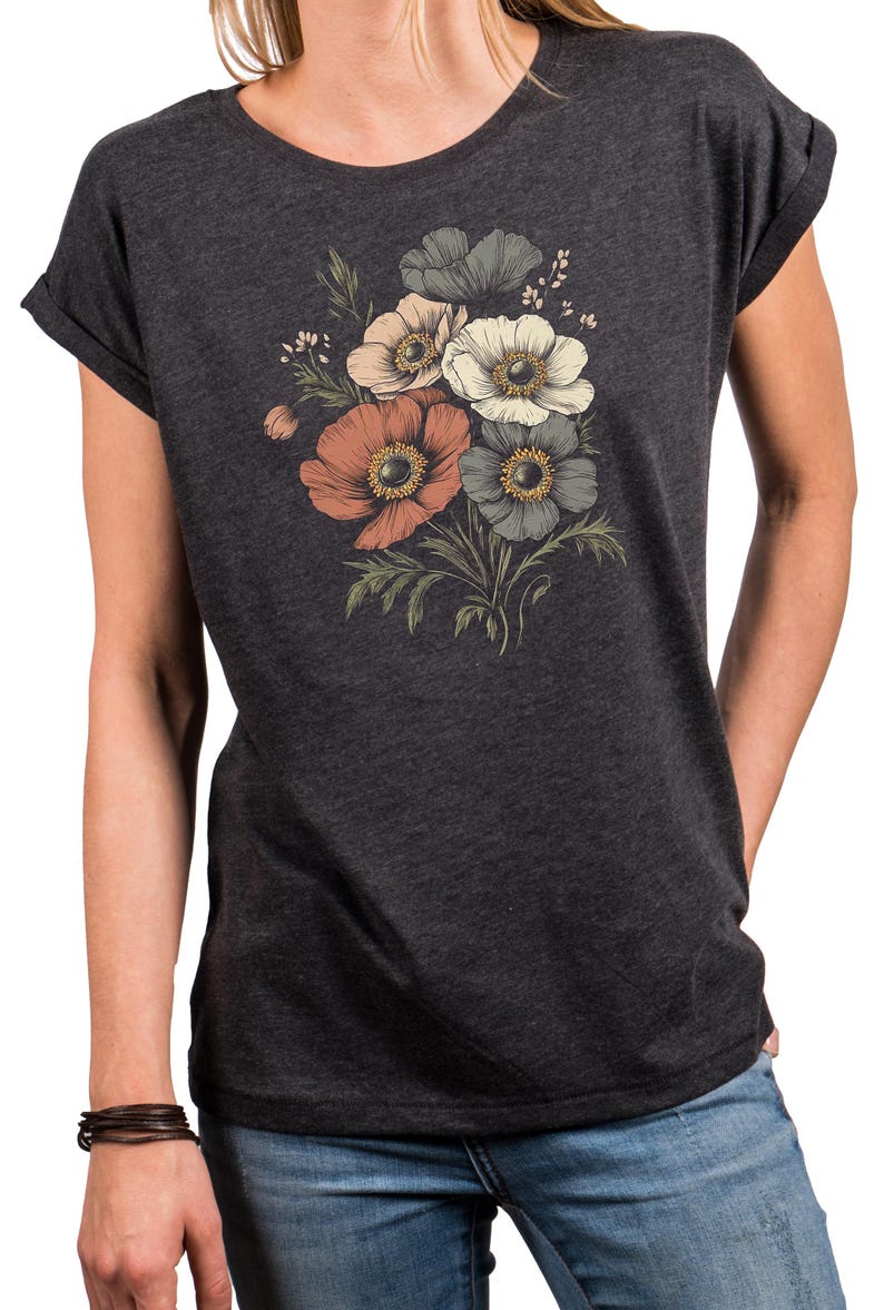 Vintage Floral Shirt for Women – Boho Retro Cotton T-Shirt with Flower Print – Short Sleeve Summer Top in Black, Blue or Grey, XS– 5XL image 9