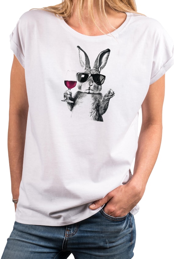 Lustiges Damen T-Shirt mit Hasenmotiv – Bedrucktes Baumwollshirt mit Weinglas & Sonnenbrille – Rosa, Weiß oder Hellgrau, Oversize, XS - 5XL