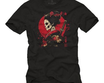Japan T-Shirt for Men - Geisha Warrior with Katana Sword with Japanese Characters - Boys Kids Men Black Size S-5XL