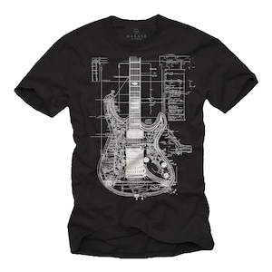 Könnte beinhalten: Schwarzes T-Shirt mit einem weißen Grafikdruck eines Gitarren-Bauplans. Das Design enthält den Text "MAKAYA".