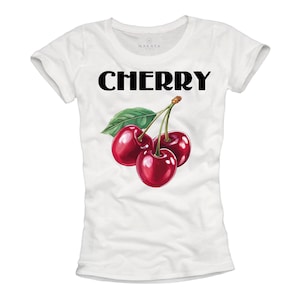 Women&#39;s Shirt with Fruits - Cherry Print Summer Top - Festival Outfit White Size S-XL