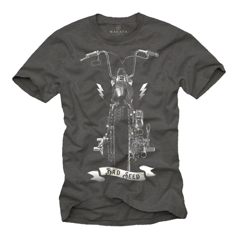 Puede incluir: Camiseta gris oscuro con un gr&aacute;fico plateado de motocicleta. El dise&ntilde;o incluye una vista frontal de la motocicleta, rayos y una pancarta con el texto "BAD SEED". La camiseta tiene mangas cortas y cuello redondo.