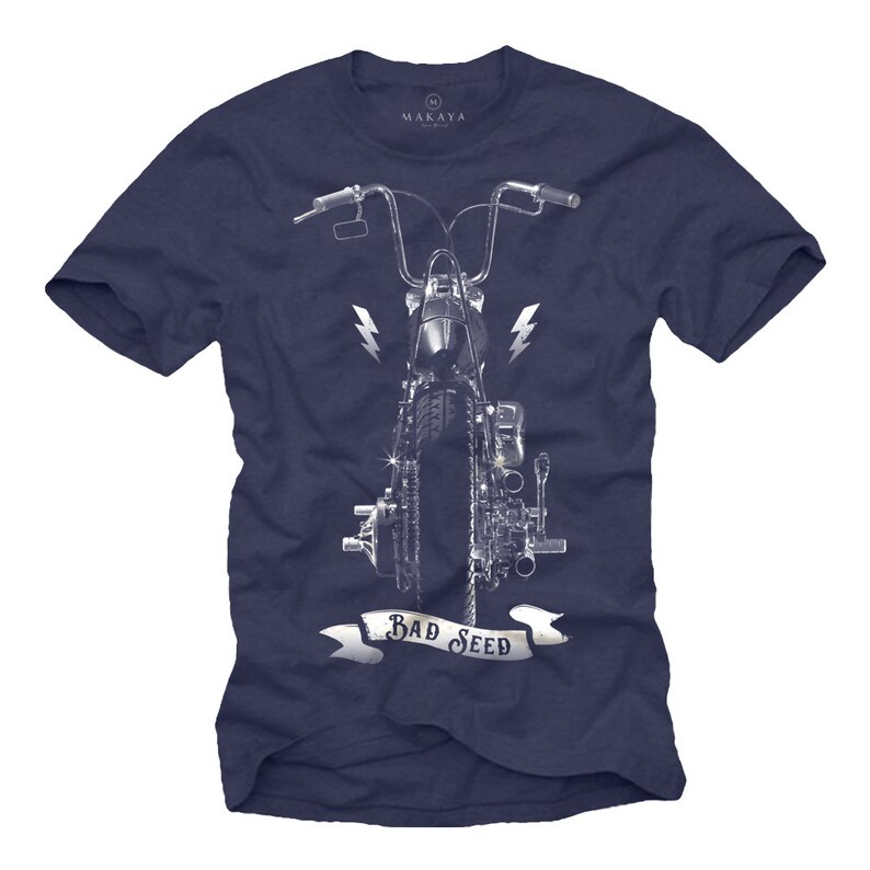 Puede incluir: Camiseta azul marino con una ilustraci&oacute;n detallada en escala de grises de la parte delantera de una motocicleta. Dos gr&aacute;ficos de rayos flanquean la motocicleta. Una pancarta debajo dice "BAD SEED". La camiseta tiene cuello redondo y mangas cortas.