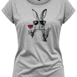 Funny Bunny Shirt for Women with Wine Glass and Sunglasses – Cotton Print T-Shirt in Pink, White or Grey – Short Sleeve, Gift Idea, XS– 5XL image 12