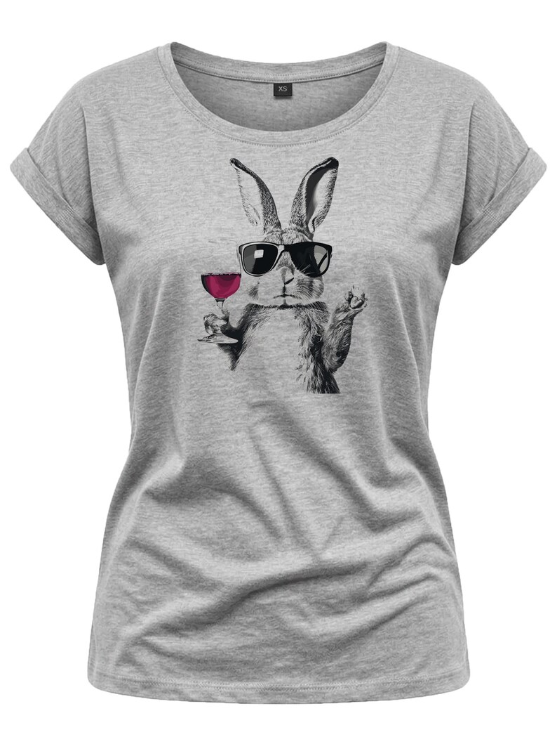 Funny Bunny Shirt for Women with Wine Glass and Sunglasses – Cotton Print T-Shirt in Pink, White or Grey – Short Sleeve, Gift Idea, XS– 5XL image 12