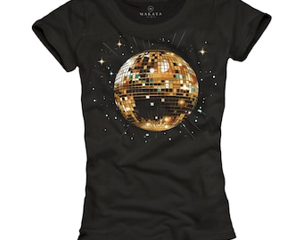 Disco Shirt Ladies 70s 80s Top Disco Ball Motif Party Outfit Gifts for Women Girls Black Size S-XL