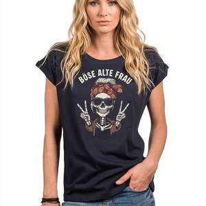 Damen T-Shirt mit Totenkopf Motiv & frechem Spruch – Rock Shirt für Festival, Motorrad- Musikfans – Biker Style, Blau Grau Schwarz, XS - 5XL Bild 7
