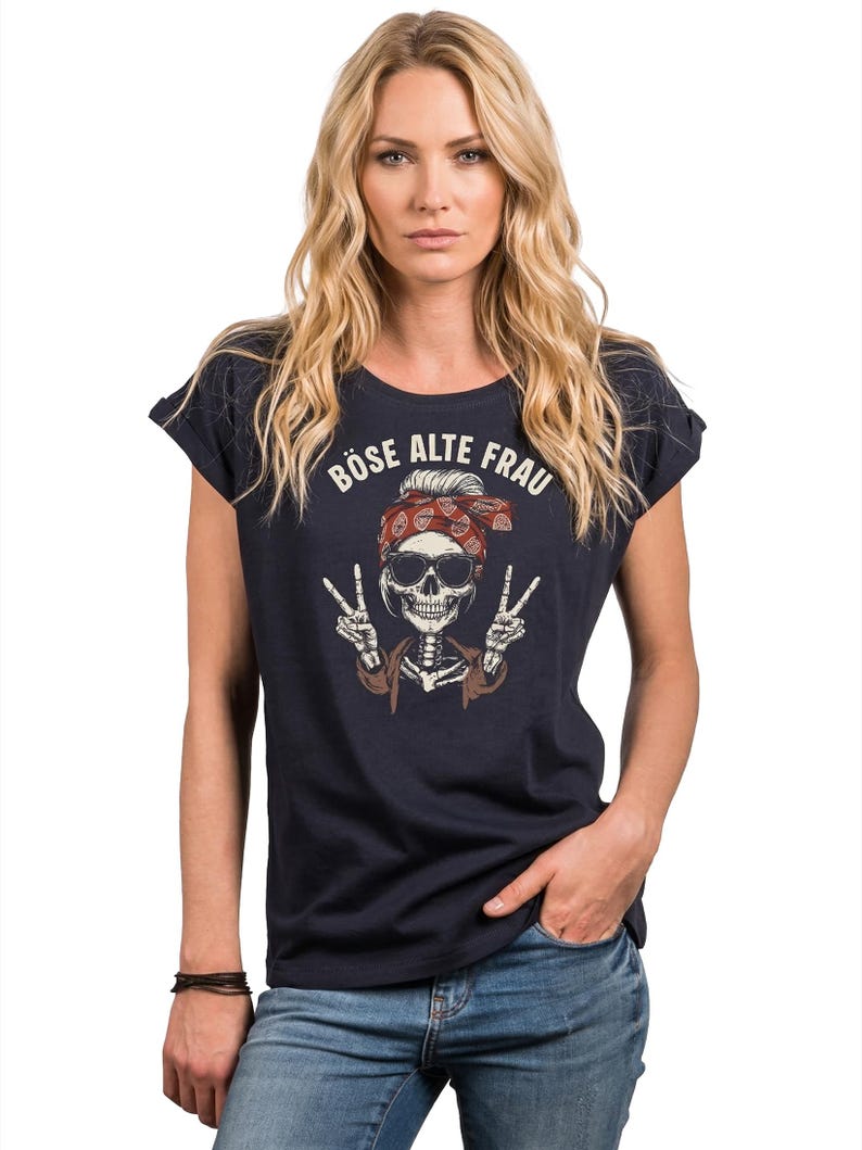Damen T-Shirt mit Totenkopf Motiv & frechem Spruch – Rock Shirt für Festival, Motorrad- Musikfans – Biker Style, Blau Grau Schwarz, XS - 5XL Bild 7