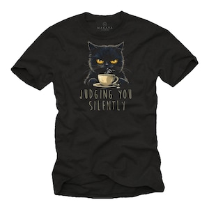 T-shirt gatto con scritta - Motivo Judging You Silently - Coffee Cat Felino Motivo regalo per uomo, ragazzo e bambino, nera, taglia S-5XL