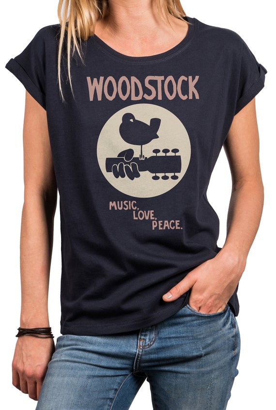 Womens Tshirt 60s 70s Hippie Print Tee Shirt - Woodstock Guitar 