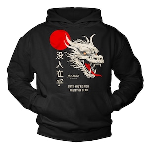 Felpa con cappuccio da uomo con drago Hoodie con Caratteri cinesi che dicono - Nobody Cares Cina maglione pullover nero