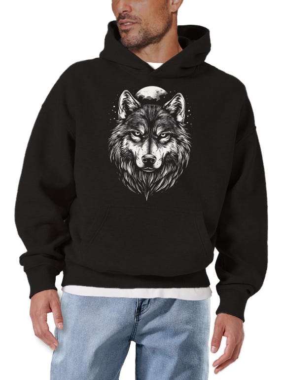 Men's Hoodie With Wolf Motif – Wolf Head and Moon Design – German
