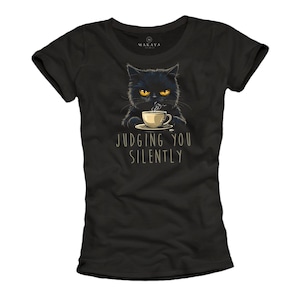 T-Shirt con gatto con girocollo - scollo da donna - top divertenti con scritte a motivo di gatti - Judging You Silently - Coffee Cat S-XL