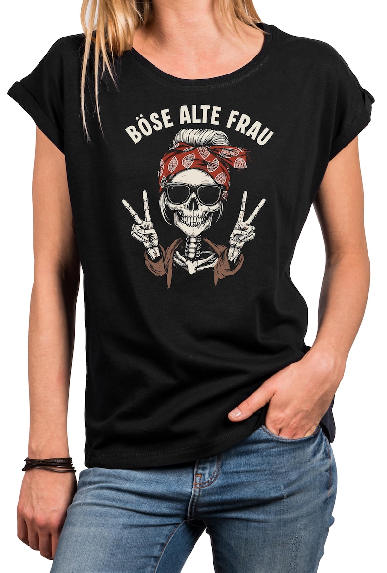 Damen T-Shirt mit Totenkopf Motiv & frechem Spruch – Rock Shirt für Festival, Motorrad- Musikfans – Biker Style, Blau Grau Schwarz, XS - 5XL Bild 1