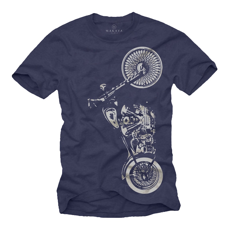 以下が含まれることがあります： ネイビーブルーのTシャツ。ライトオフホワイトのスタイリッシュなバイクのグラフィックが特徴です。デザインには、前後の車輪、エンジン、ハンドルバーが含まれています。「MAKAYA」のブランド名が上部に印刷されています。