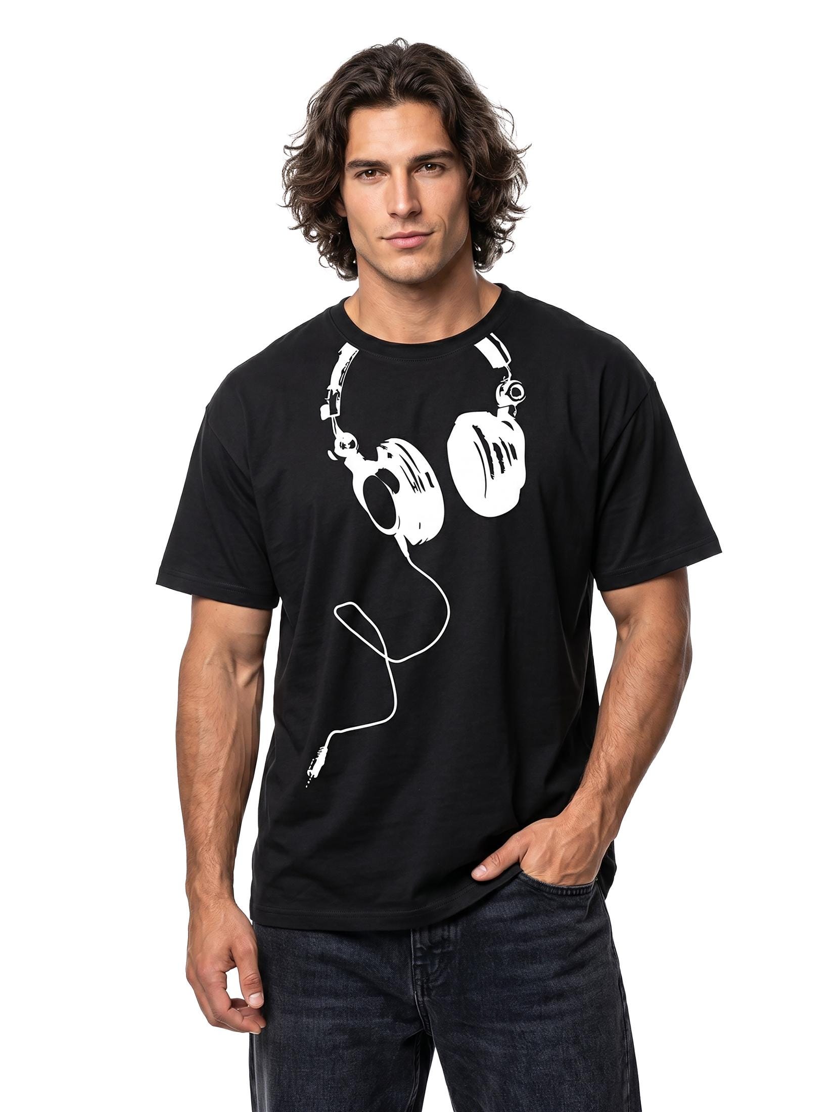 Cool Music T-shirt for Men With HEADPHONES Print Black/white S