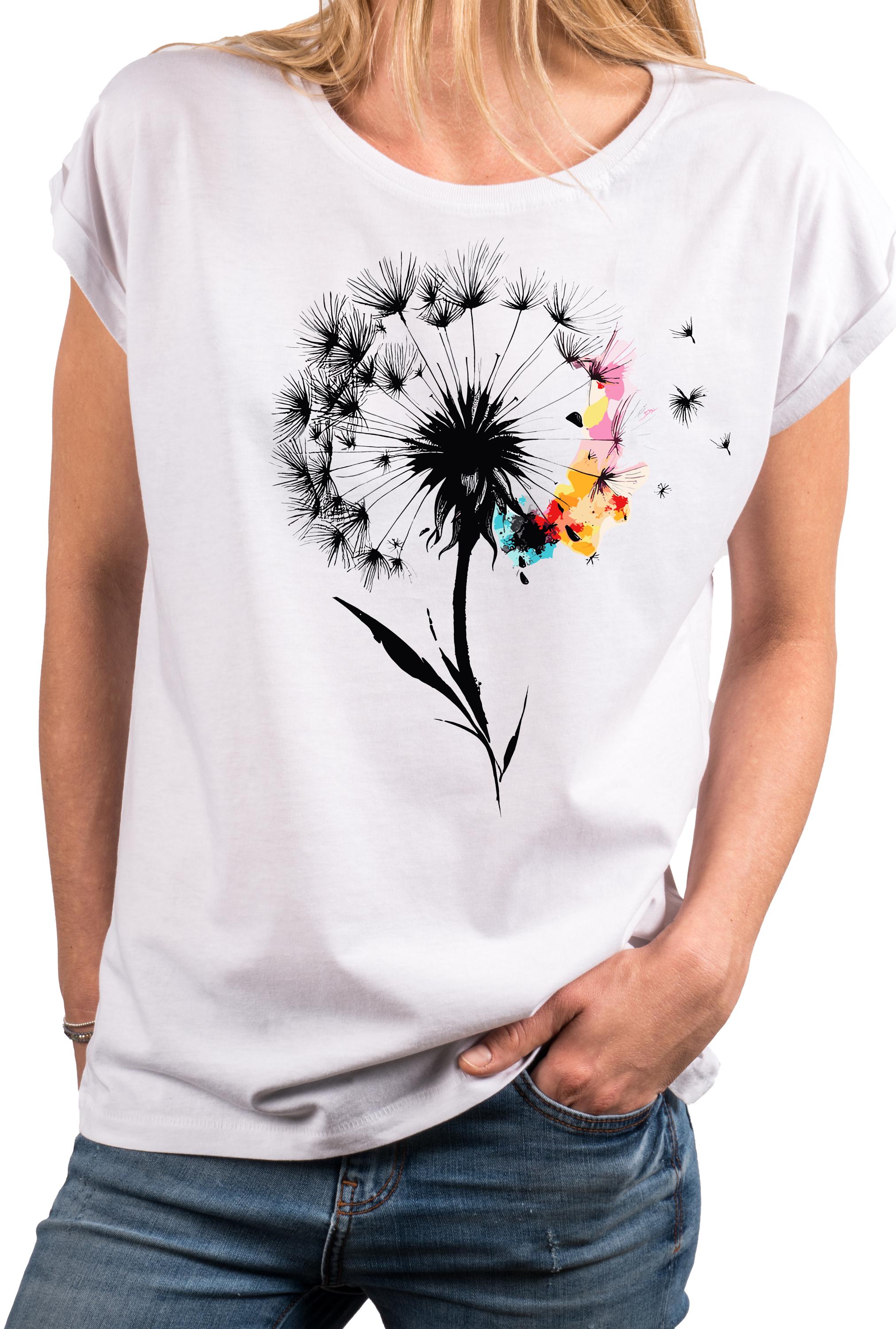 レディース タンポポの花柄Tシャツ - 花柄プリント半袖シャツ
