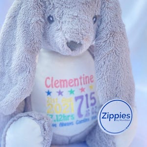 Aangepaste geborduurde gepersonaliseerde grote grijze crème konijntje pyjamahoes met ritssluiting Memory Bear verwijderbare stuffling pod pasgeboren geboortekaartje cadeau