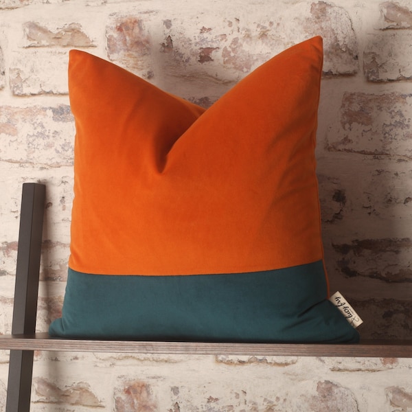 Cubierta de cojín Sunset Orange & Teal, moderno de mediados de siglo, Boho, funda de almohada de terciopelo 16 x 16 - 22 x 22 pulgadas