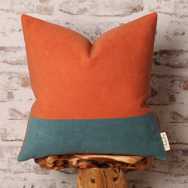 Burnt Orange & Teal Corduroy Cushion Cover: Mid-Century Modern Color Block