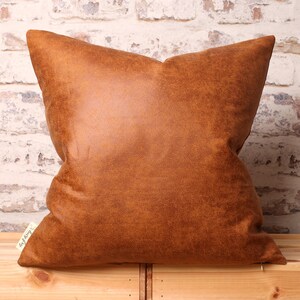 Color Block Faux Leather Cushion Cover - Saddle Brown & Steel Grey, 20x20 Inch image 2