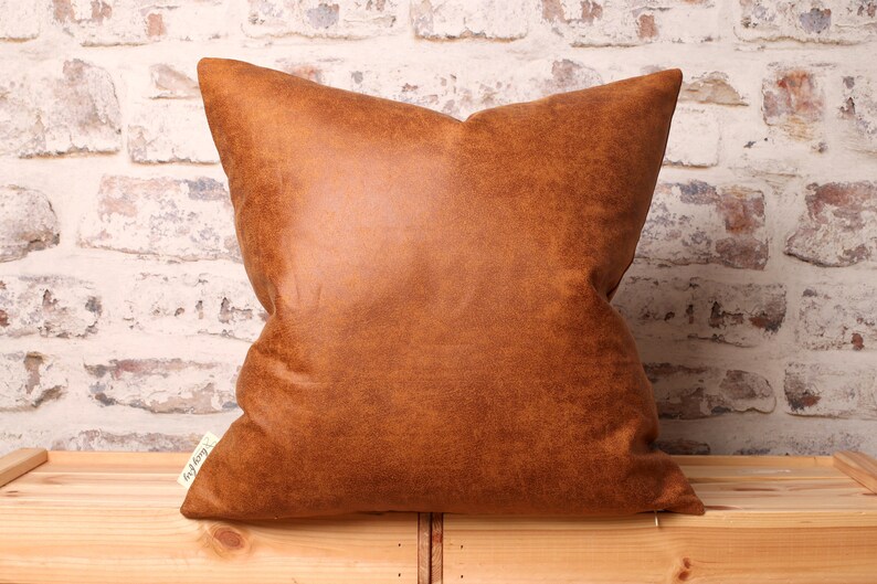 Color Block Faux Leather Cushion Cover - Saddle Brown & Steel Grey, 20x20 Inch image 2
